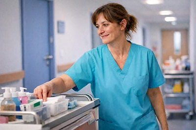 Aide-soignante en milieu hospitalier ajustant un chariot de soins dans un couloir d’hôpital