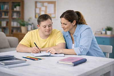 Accompagnement éducatif d'un jeune lors d'une activité d'apprentissage avec une professionnelle