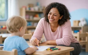 Accompagnante éducatif petite enfance souriante en crèche accompagnant un enfant dans une activité de dessin