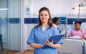 Aide-soignante tenant un carnet dans une chambre d’hôpital
