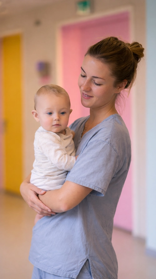 Auxiliaire de puériculture prenant soin d’un bébé en structure petite enfance