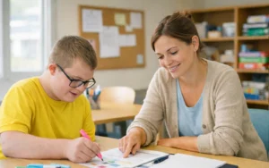 Femme moniteur éducateur accompagnant un adolescent en situation de handicap lors d’une activité éducative en structure sociale