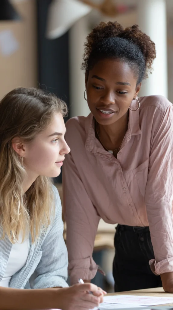 Éducatrice spécialisée accompagnant une adolescente lors d’un entretien éducatif