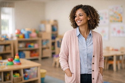 Professionnelle de la petite enfance souriante travaillant en crèche