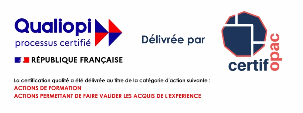 Logo QUALIOPI processus certifié république française délivré par Certifopac